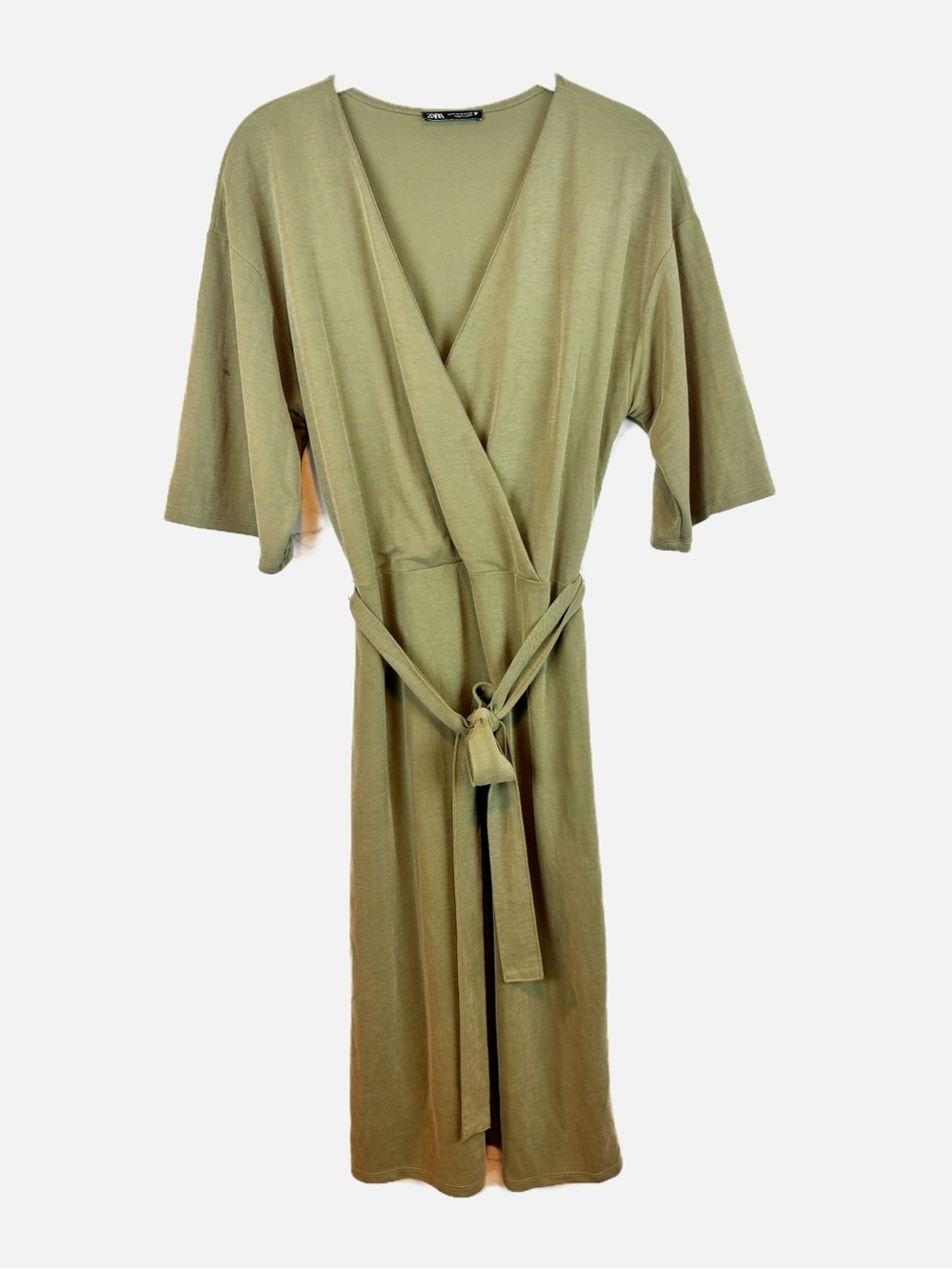 Zara | Olive Green Faux Wrap Dress with Sash Belt, S